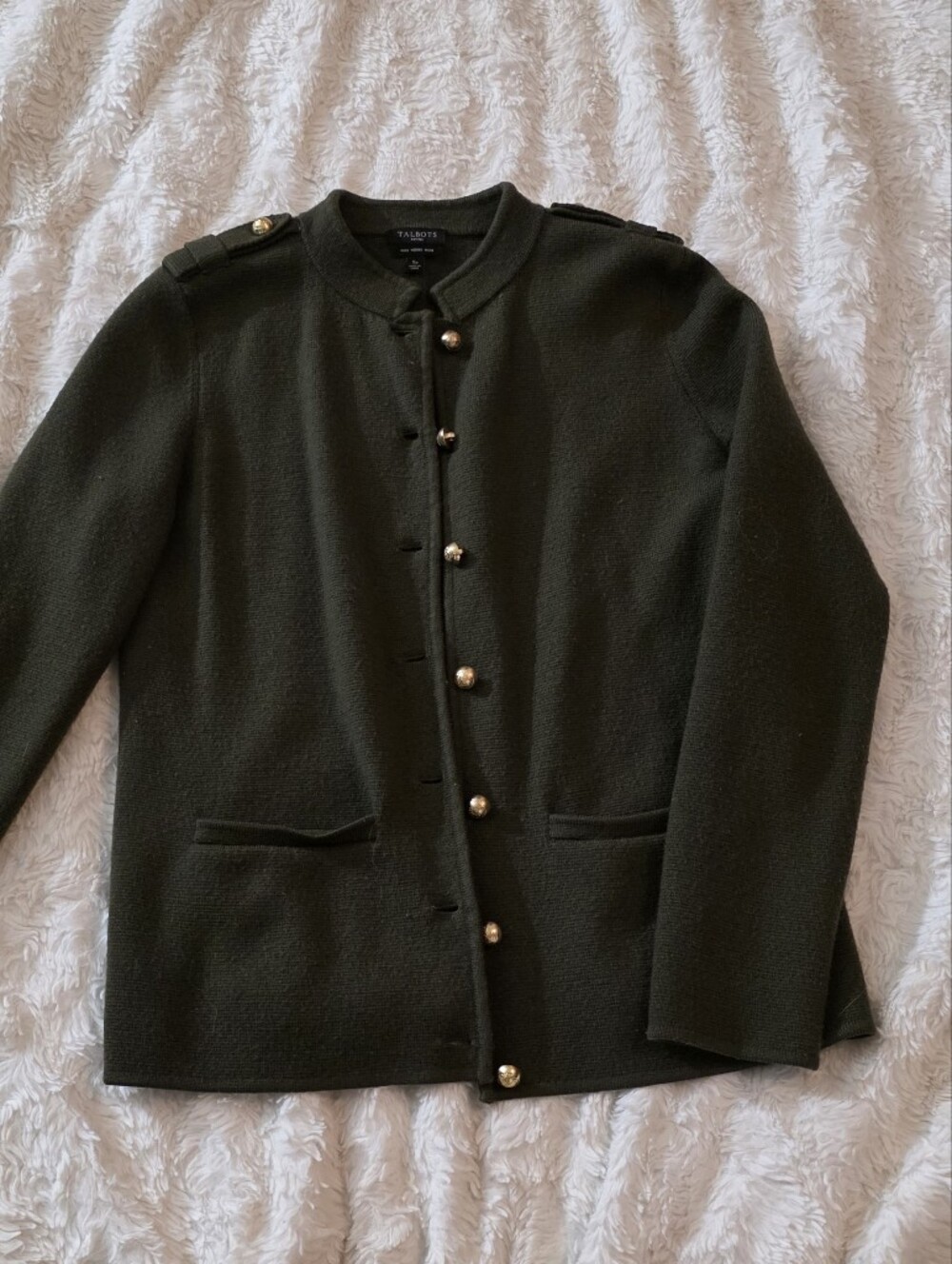 Talbots Petites Pure Merino Wool Military Cardigan Sweater Jacket Army Green